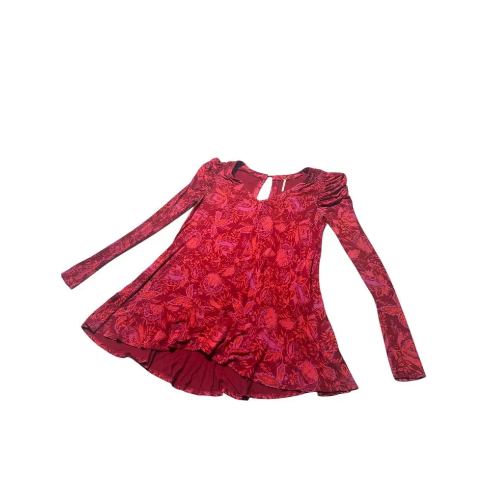 Free People Hello Lover Tunic Top Womens S Red Floral Long Sleeve Puff Shoulder